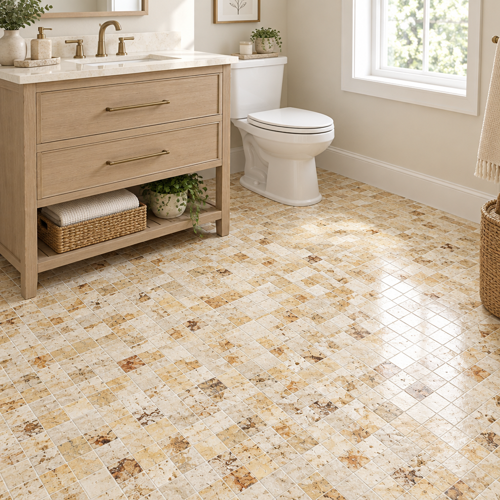 Cream Valencia Travertine Mosaic Tile 1x1, Tumbled - installed on floor