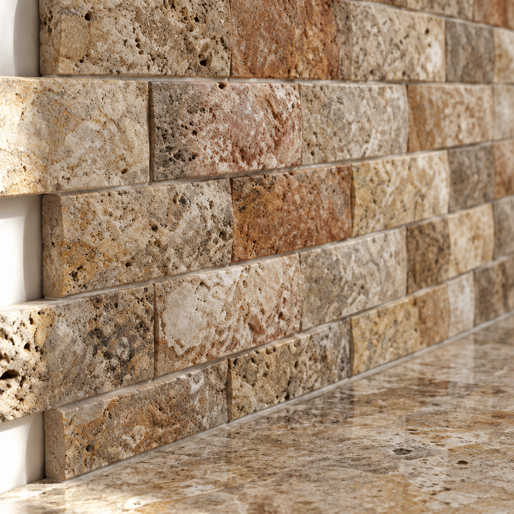 Scabos Travertine Arched Brick Mosaic Tile 2x4, Honed - installed close-up