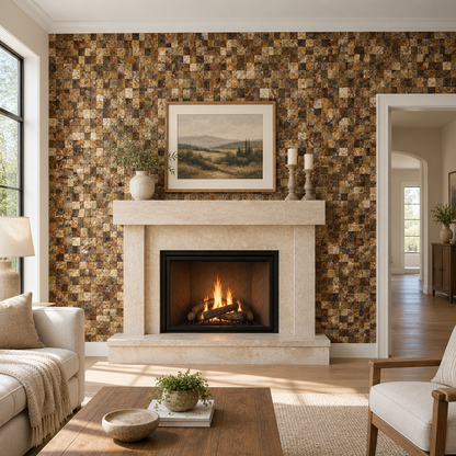 Scabos Travertine Mosaic Tile 1x1, Split Face - installed on wall