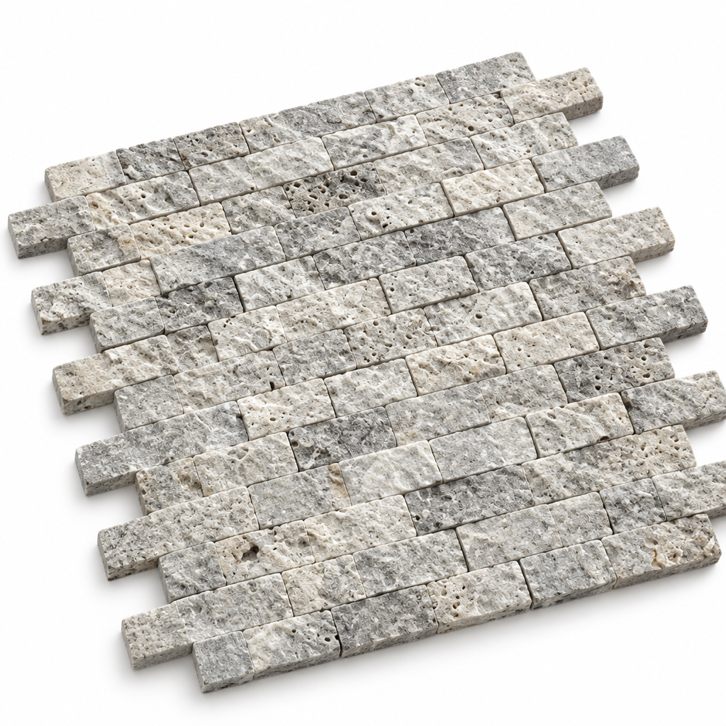 Silver Travertine Brick Mosaic Tile 1x2, Split Face