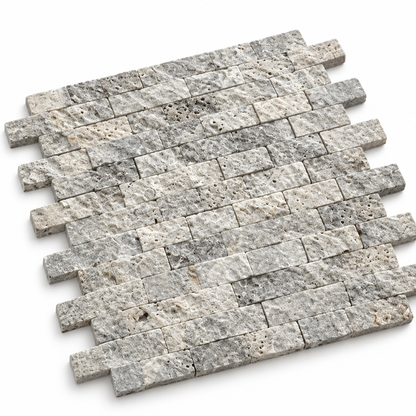 Silver Travertine Brick Mosaic Tile 1x2, Split Face