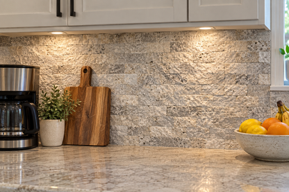 Silver Travertine Brick Mosaic Tile 1x2, Split Face