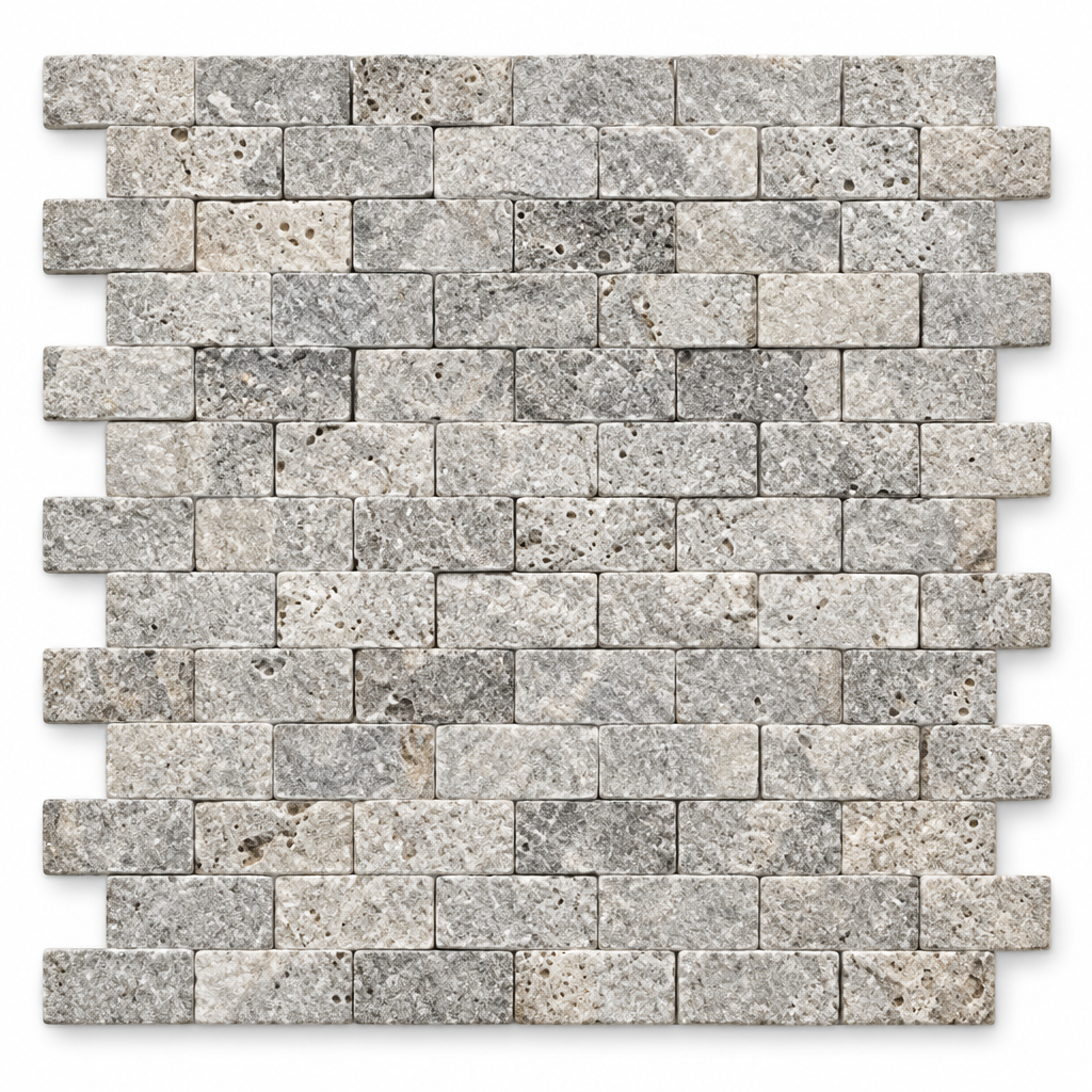Silver Travertine Brick Mosaic Tile 1x2, Split Face