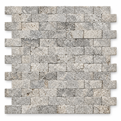 Silver Travertine Brick Mosaic Tile 1x2, Split Face