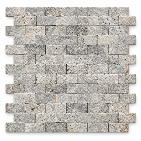 Silver Travertine Brick Mosaic Tile 1x2, Split Face