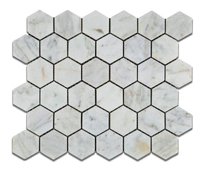 White Carrara (Carrera) Bianco Venatino Hexagon Marble Honed 2" X 2" Mosaic Tiles - Tilefornia
