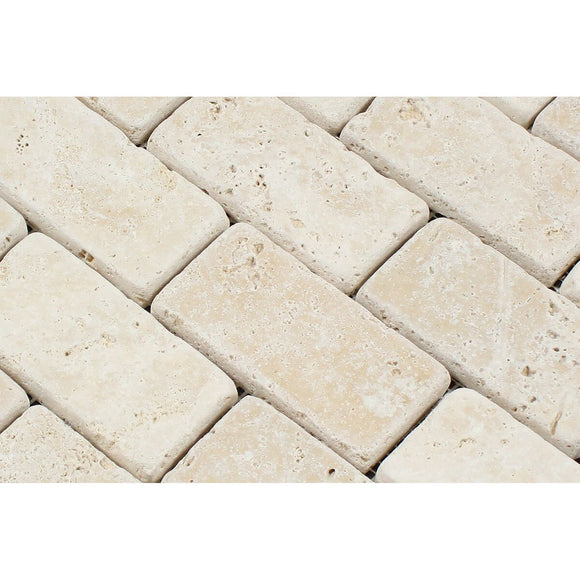Andean Vanilla Peruvian Travertine 2 X 4 Tumbled Brick Mosaic Tile - Box of 5 Sheets - Tilefornia