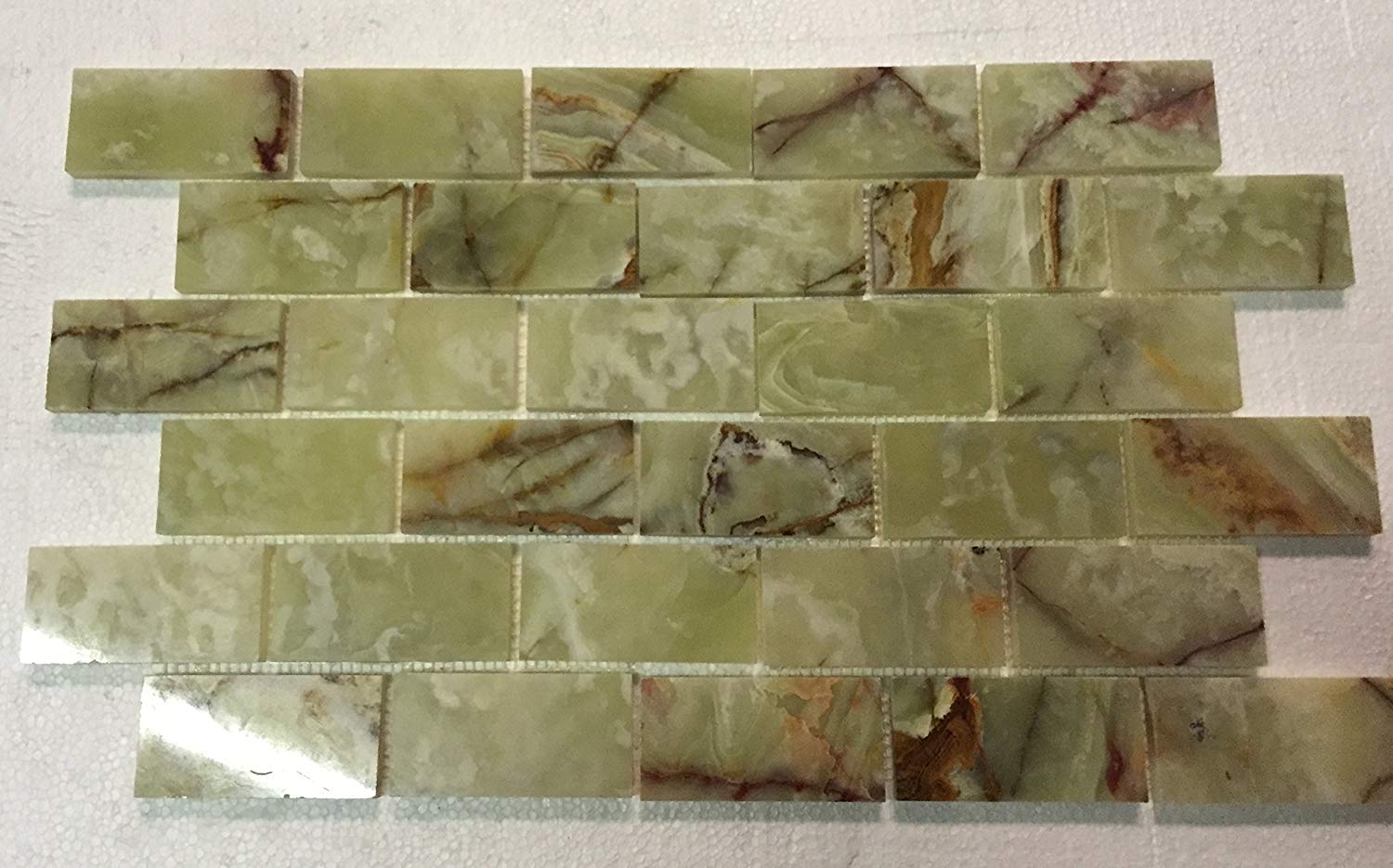 Green Onyx 2x4 Polished Mosaic Tiles on the Mesh Sheet - Tilefornia