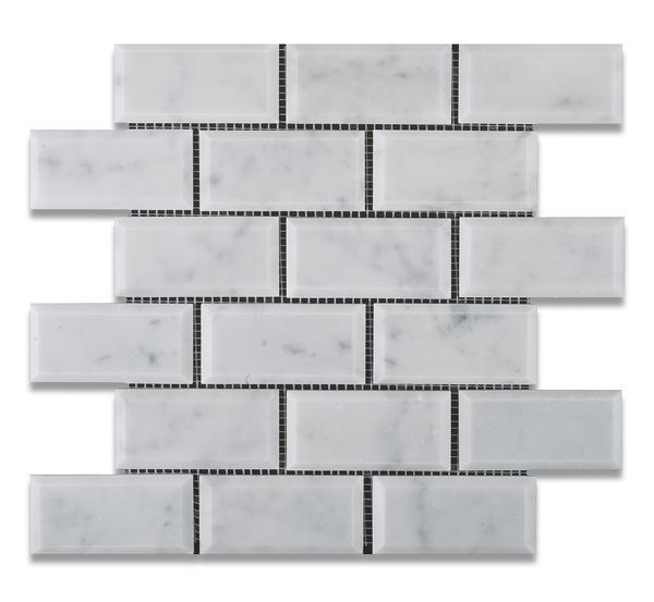 Tilefornia Italian Carrara White Marble 2" X 4" Brick Deep Beveled  Mosaic Tile Polished/Honed - Tilefornia