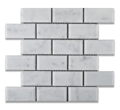 Tilefornia Italian Carrara White Marble 2" X 4" Brick Deep Beveled  Mosaic Tile Polished/Honed - Tilefornia