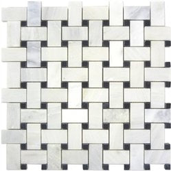 White Marble Basketweave Mosaic Tile Black Dots 1 x 2 Polished - Tilefornia