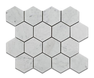 Tilefornia Italian Carrara White Marble 3" Hexagon Mosaic Tile Polished/Honed - Tilefornia