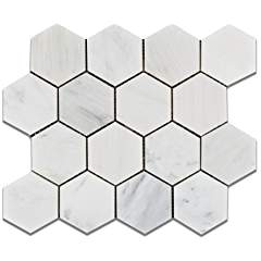 Oriental White - Eastern White Marble 3" Hexagon POLISHED Mosaic Tile - Box of 5 Sheets - Tilefornia