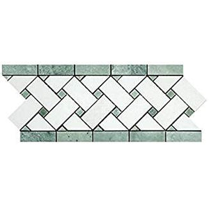 Thassos White Greek Marble Basketweave Border Mosaic Tile with Ming Green Marble Dots, Honed - Tilefornia