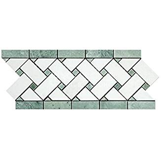 Thassos White Greek Marble Basketweave Mosaic Tile with Green Marble Dots, Polished - Tilefornia