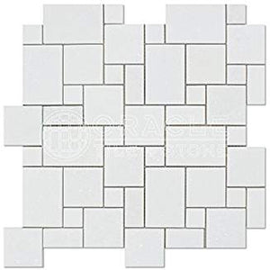 Thassos White Greek Marble Mini-Versailles Pattern Mosaic Tile, Polished - Tilefornia