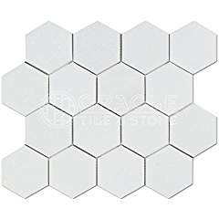 White Thassos Marble Hexagon Mosaic Tile 3 in, Polished