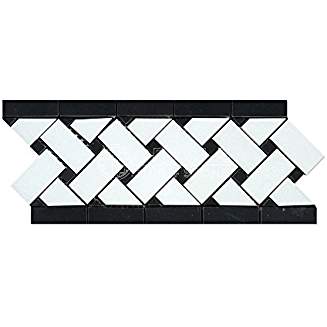 Thassos White Greek Marble Basketweave Border Mosaic Tile with Black Marble Dots, Polished - Tilefornia