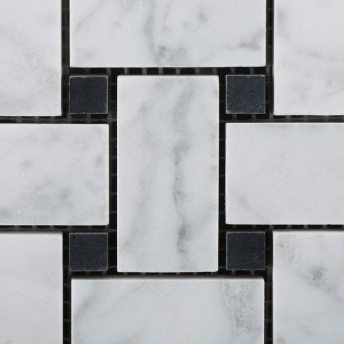 Bianco White Carrara Marble Basketweave with Black Dot POLISHED Mosaic Tile on 12x12 Sheet - Lot of 50 sqf - Tilefornia