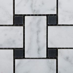 Bianco White Carrara Marble Basketweave with Black Dot POLISHED Mosaic Tile on 12x12 Sheet - 6" x 6" Sample - Tilefornia