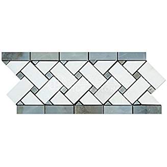 Thassos White Greek Marble Basketweave Border Mosaic Tile with Blue & Gray Marble Dots, Honed - Tilefornia