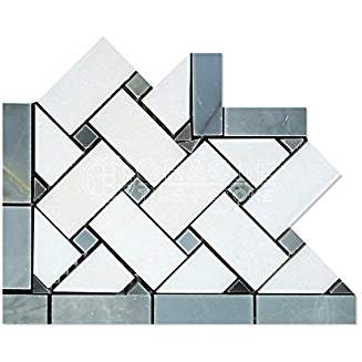 Thassos White Greek Marble Basketweave Border Corner Tile with Blue & Gray Marble Dots, Polished - Tilefornia