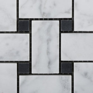 Bianco Carrara White Marble Honed Basketweave Mosaic Tile with Black Dots - 6" X 6" Sample - Tilefornia