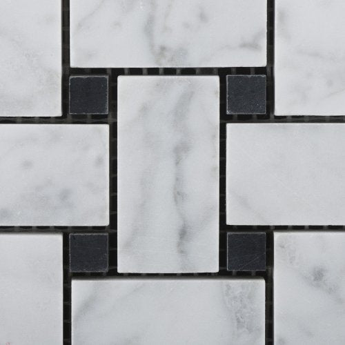 Bianco Carrara White Marble Honed Basketweave Mosaic Tile with Black Dots - 6