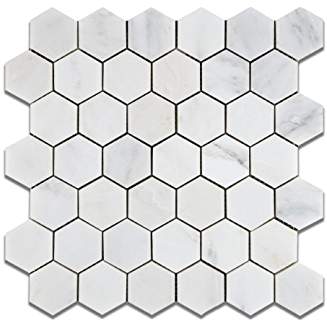 Oriental White (Eastern White) Marble 2" Hexagon Mosaic Tile, Polished - Lot of 50 Sheets - Tilefornia