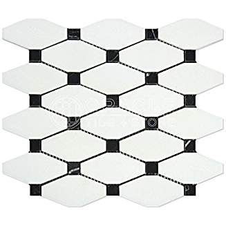 Thassos White Greek Marble Octave Pattern Mosaic Tile with Black Marble Dots, Honed - Tilefornia