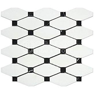 Thassos White Greek Marble Octave Pattern Mosaic Tile with Black Marble Dots, Polished - Tilefornia