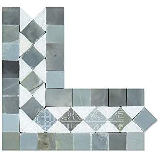 Thassos White Greek Marble BIAS Corner Border / Listello with Ming Green Dots, Honed - Tilefornia