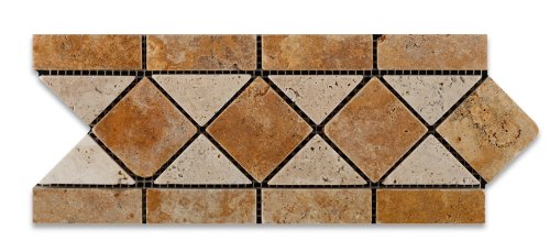 Gold / Yellow & Ivory Travertine Tumbled Trojan Border / Listello - Box of 5 pcs. - Tilefornia