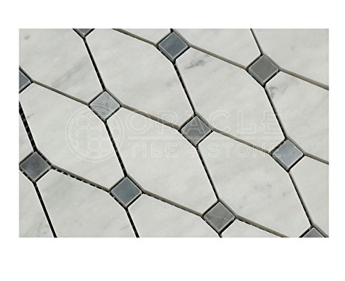 Carrara White Italian (Bianco Carrara) Marble Octave Pattern Mosaic Tile (Blue & Gray Marble Dots, Polished) - Tilefornia