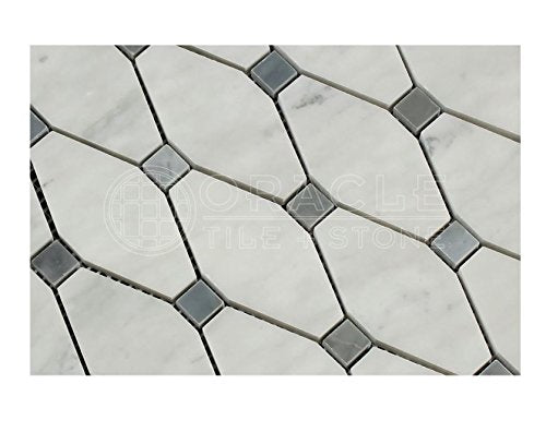 Carrara White Italian (Bianco Carrara) Marble Octave Pattern Mosaic Tile (Blue & Gray Marble Dots, Honed) - Tilefornia