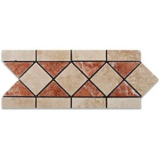 Ivory & Rojo Travertine Tumbled Trojan Border / Listello - Lot of 50 pcs. - Tilefornia