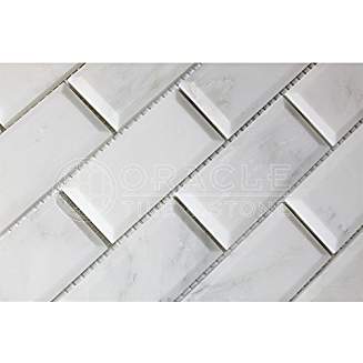 Oriental White (Eastern White) Marble 2 X 4 Brick Mosaic Tile, Polished and Deep-Beveled - Tilefornia