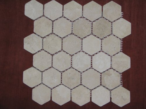 Hexagon 2x2 TUMBLE Light Beige Travertine Mosaics Meshed on 12x12 Sheet Tiles for Kitchen Backsplash, Shower Walls, Bathroom Floors - Tilefornia