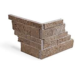 Noce Travertine Stacked Ledger Wall Panel Tile Corner, Split-faced (5 PCS.) - Tilefornia