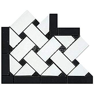 Thassos White Greek Marble Basketweave Border Corner Tile with Black Marble Dots, Polished - Tilefornia