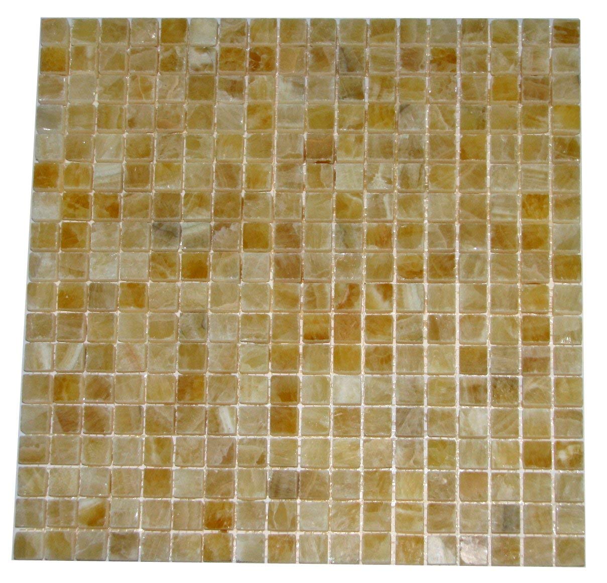 Premium Quality Honey Onyx 5/8 x 5/8 Polished Mosaics Meshed on 12" X 12" Sheet for Backsplash, Shower Walls, Bathroom Floors - Tilefornia
