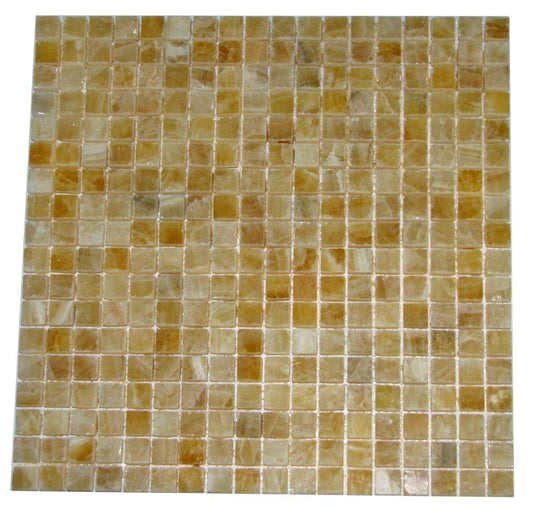Premium Quality Honey Onyx 5/8 x 5/8 Polished Mosaics Meshed on 12" X 12" Sheet for Backsplash, Shower Walls, Bathroom Floors - Tilefornia