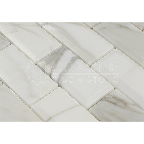 Calacatta Gold (Italian Calcutta) Marble 2 X 4 Brick Mosaic Tile, Polished and Deep-Beveled - Tilefornia