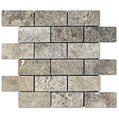 Silver Travertine 2 X 4 Brick Mosaic Tile, Tumbled (6