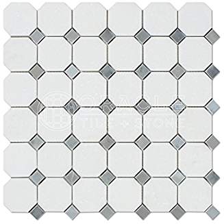 Thassos White Greek Marble Octagon Mosaic Tile with Bardiglio Blue & Gray Marble Dots, Honed - Tilefornia