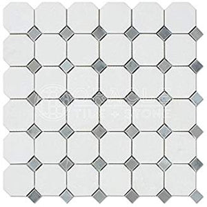 Thassos White Greek Marble Octagon Mosaic Tile with Bardiglio Blue & Gray Marble Dots, Polished - Tilefornia