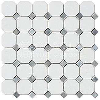 Thassos White Greek Marble Octagon Mosaic Tile with Bardiglio Blue & Gray Marble Dots, Polished - Tilefornia