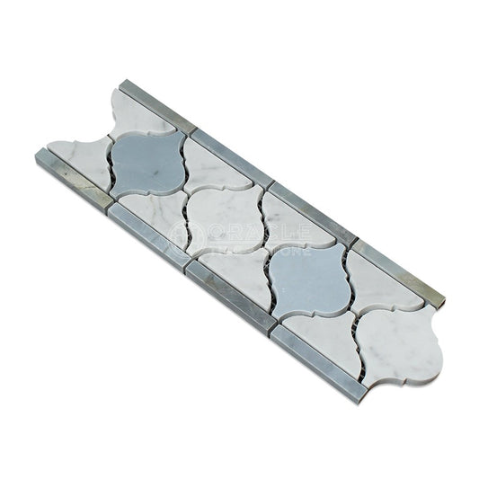 Carrara White Italian (Bianco Carrara) Marble Lantern Border (with Blue & Gray Marble, Polished) - Tilefornia