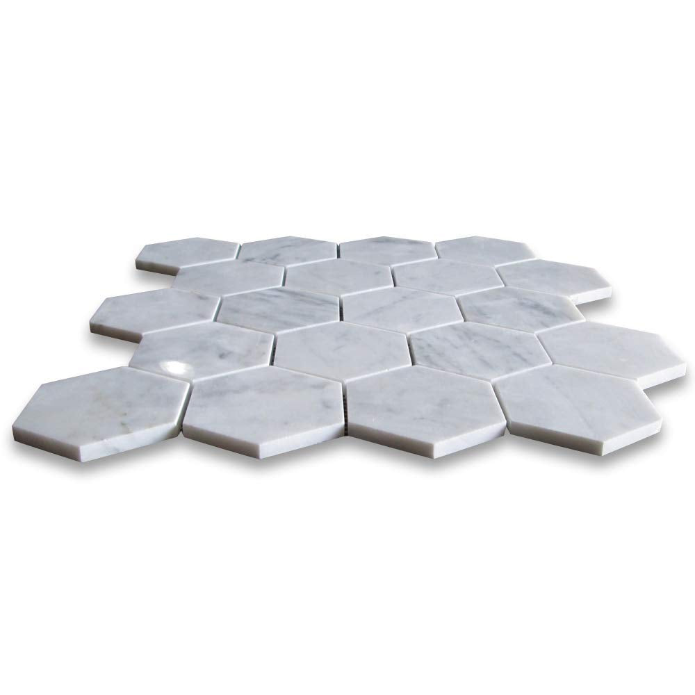 Carrara White Italian Carrera Marble Hexagon Mosaic Tile 3 inch Polished - Tilefornia