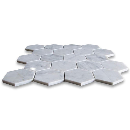 Carrara White Italian Carrera Marble Hexagon Mosaic Tile 3 inch Polished - Tilefornia
